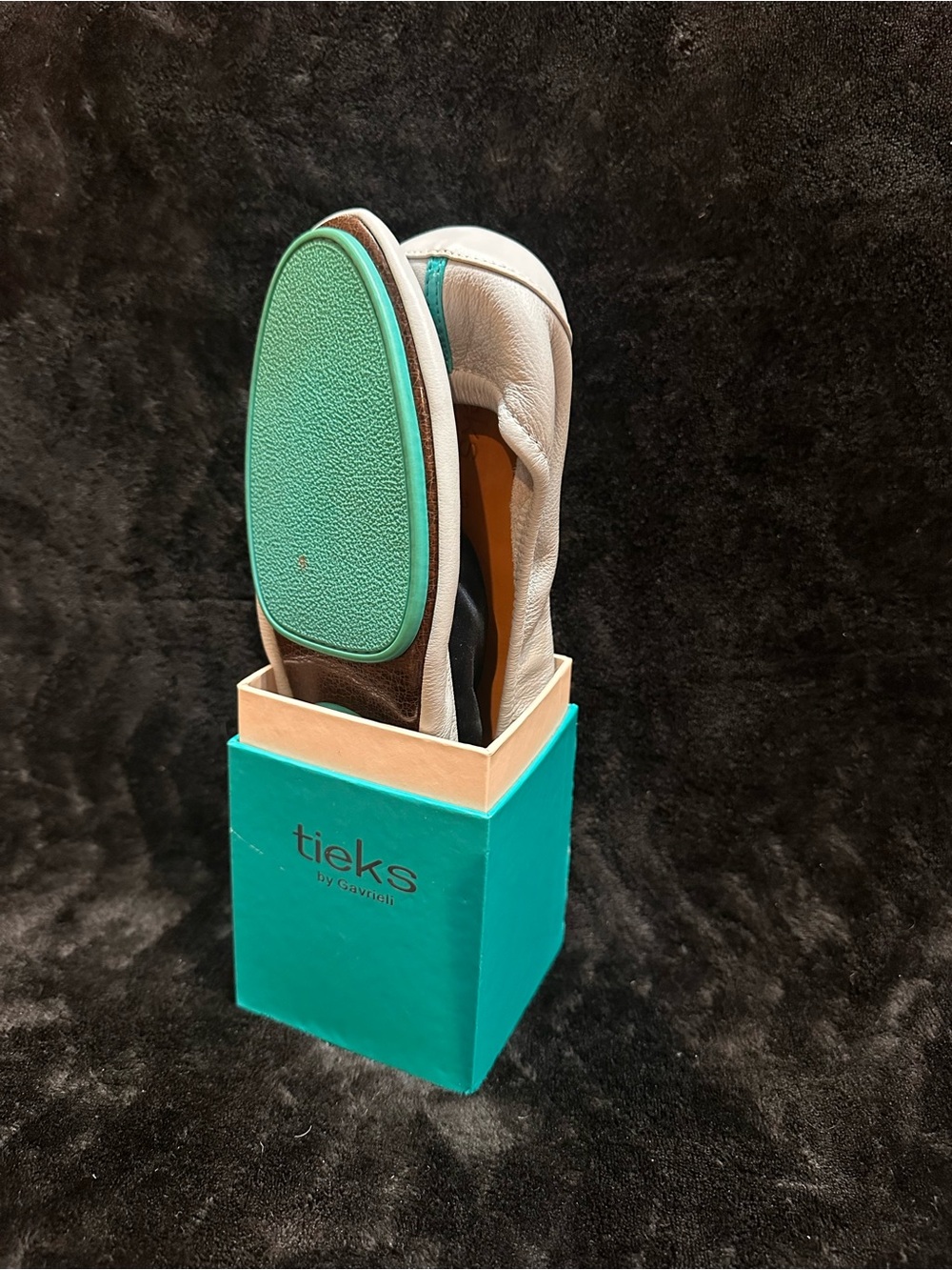 Tieks Women's Light Gray Leather Ballet Flats with Teal Accent - Picture 7 of 8